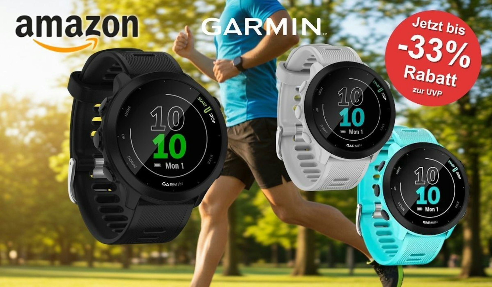 Garmin Forerunner 55 GPS-Laufuhr in drei Farben (Schwarz, Weiss, Mint) vor einem joggenden Mann im Park bei Sonnenschein, mit Amazon-Logo und Sale-Badge: Jetzt bis -33% Rabatt zur UVP