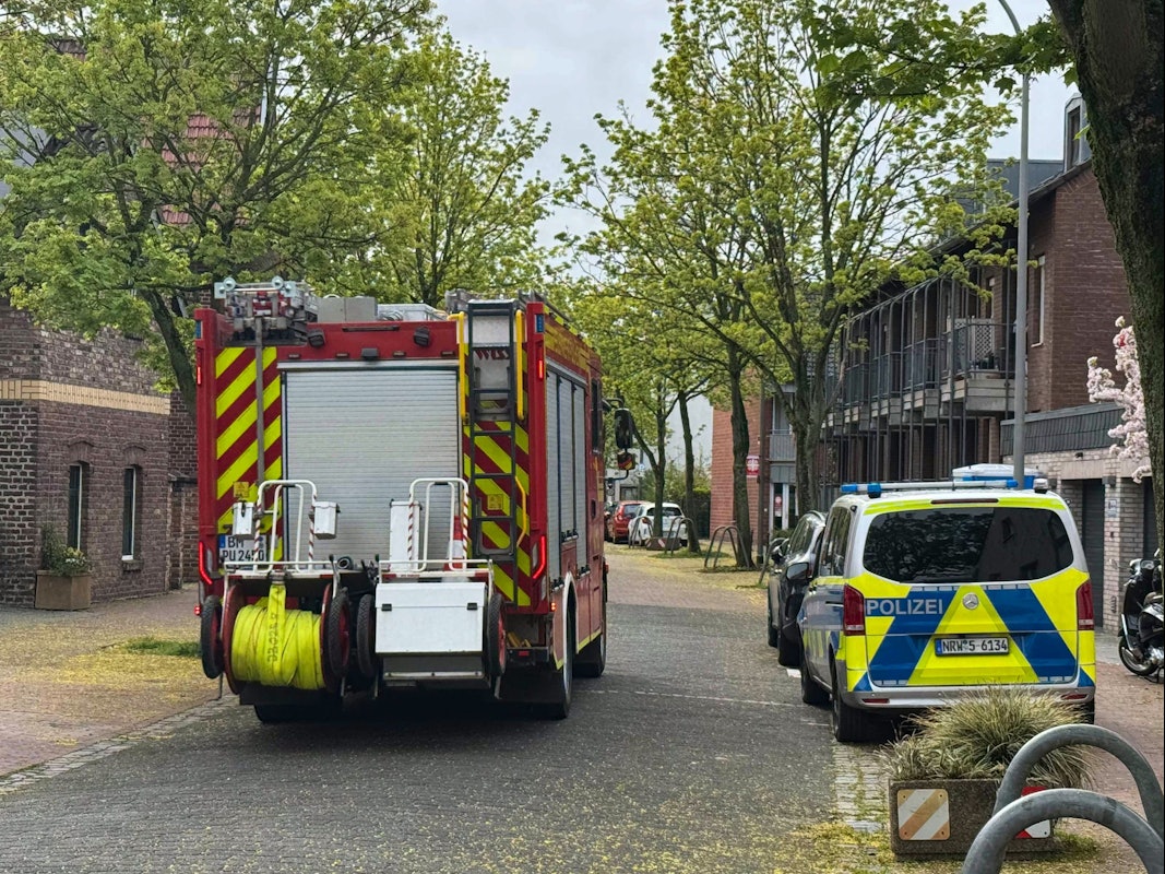 Ein Streifenwagen sowie ein Feuerwehrfahrzeug stehen in einer Straße.