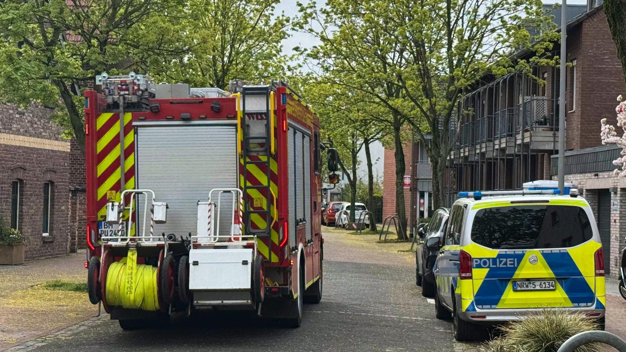 Ein Streifenwagen sowie ein Feuerwehrfahrzeug stehen in einer Straße.