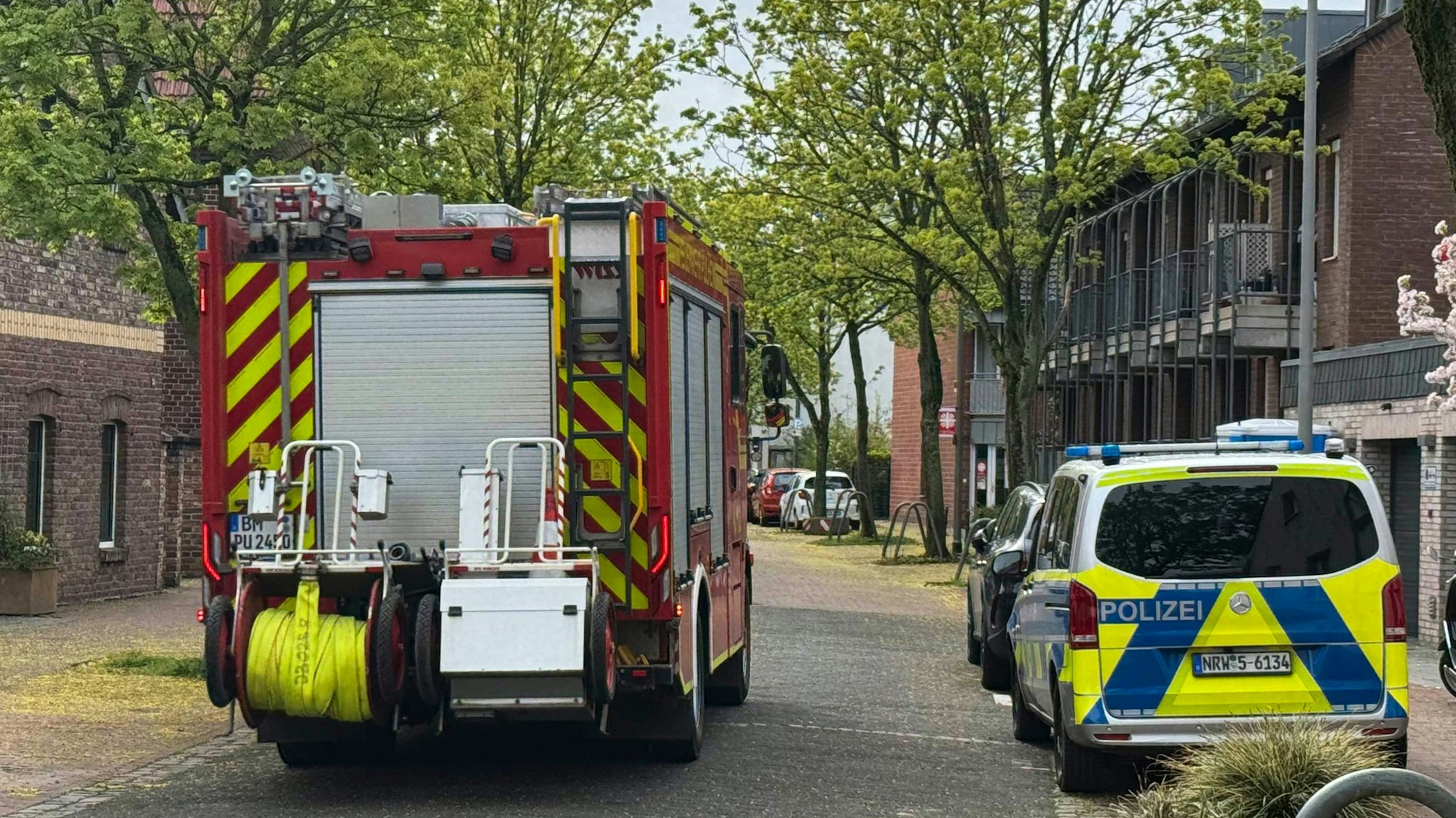 Ein Streifenwagen sowie ein Feuerwehrfahrzeug stehen in einer Straße.