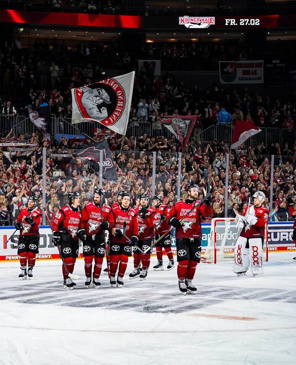 Die Kölner Haie stehen vor ihren Fans.