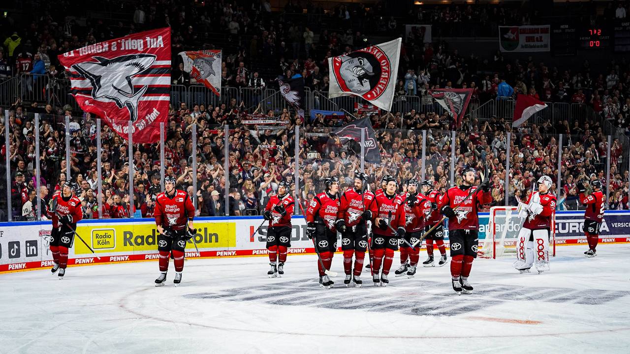 Die Kölner Haie stehen vor ihren Fans.