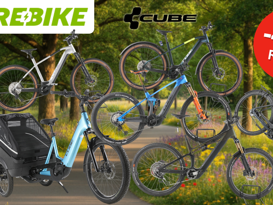 Mehrere generalüberholte, refurbished Cube E-Bikes verschiedener Modell-Typen – E-Mountainbike, City-Bike, Cargo-Trike und Trekking-Bike – vor frühlingsgrüner Landstraße mit Rebike- und Cube-Logo.