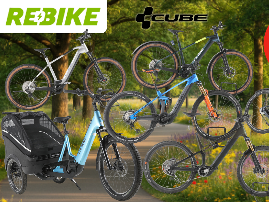 Mehrere generalüberholte, refurbished Cube E-Bikes verschiedener Modell-Typen – E-Mountainbike, City-Bike, Cargo-Trike und Trekking-Bike – vor frühlingsgrüner Landstraße mit Rebike- und Cube-Logo.