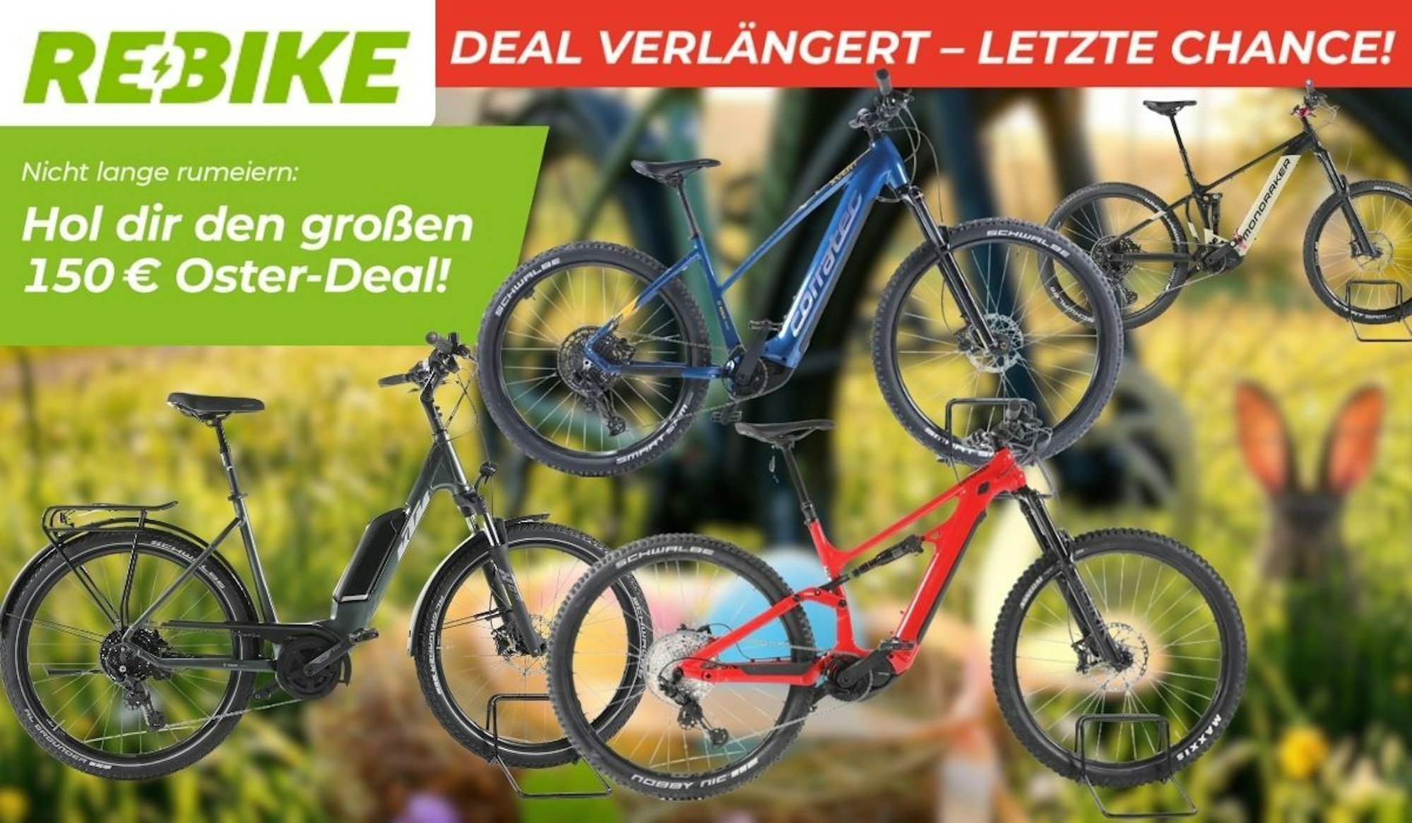 Fünf E-Bikes von Mondraker, Corratec und KTM vor frühlingshafter Osterkulisse. Rebike-Logo oben links.