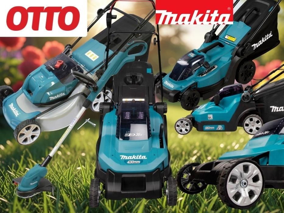 Collage mehrerer Makita Akku-Rasenmäher und eines Akku-Rasentrimmers in Türkis-Schwarz auf grünem Frühlingsrasen, mit OTTO-Logo, Makita-Logo und rotem Sale-Badge „Bis -35% Rabatt zur UVP".