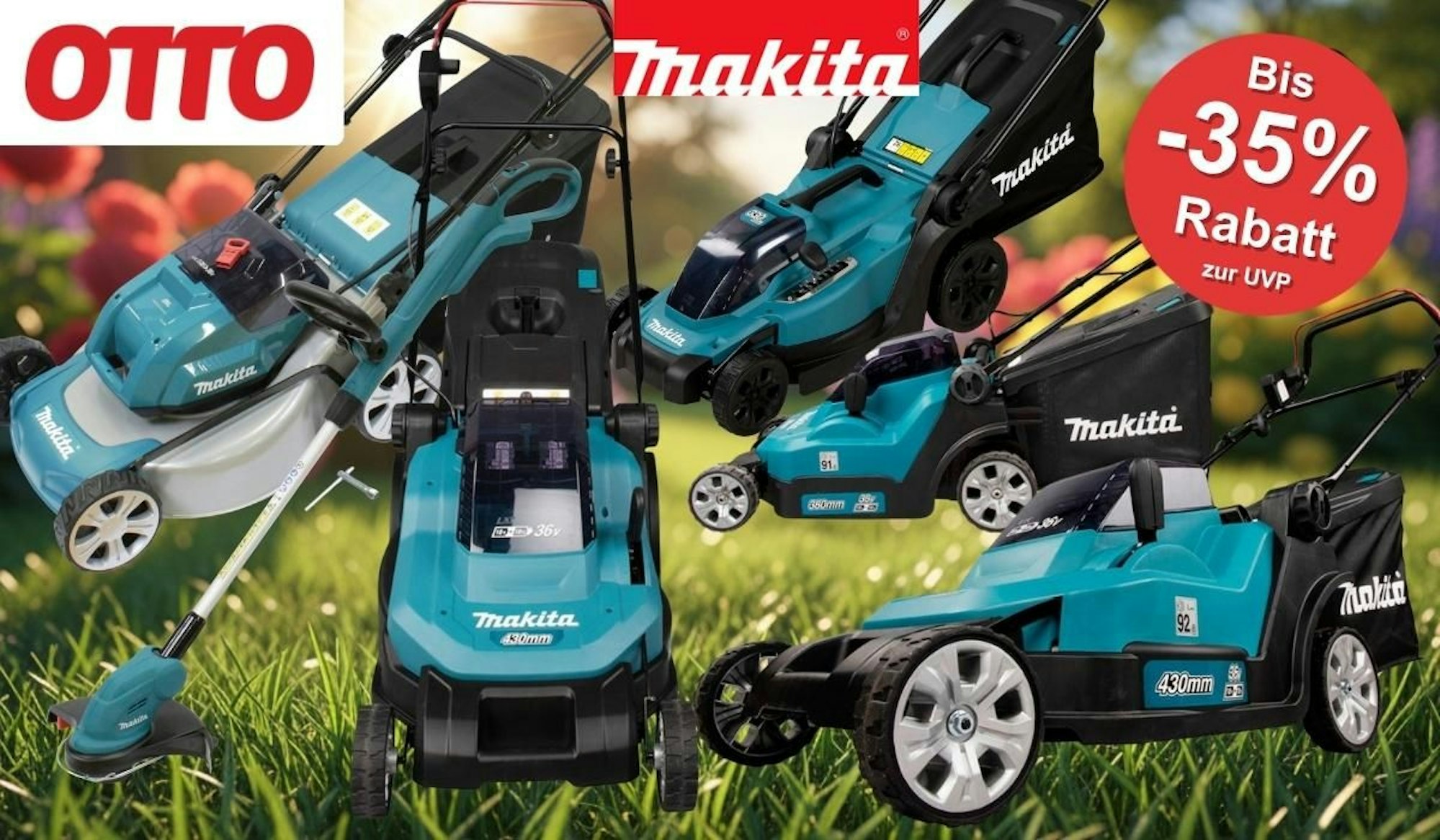 Collage mehrerer Makita Akku-Rasenmäher und eines Akku-Rasentrimmers in Türkis-Schwarz auf grünem Frühlingsrasen, mit OTTO-Logo, Makita-Logo und rotem Sale-Badge „Bis -35% Rabatt zur UVP".