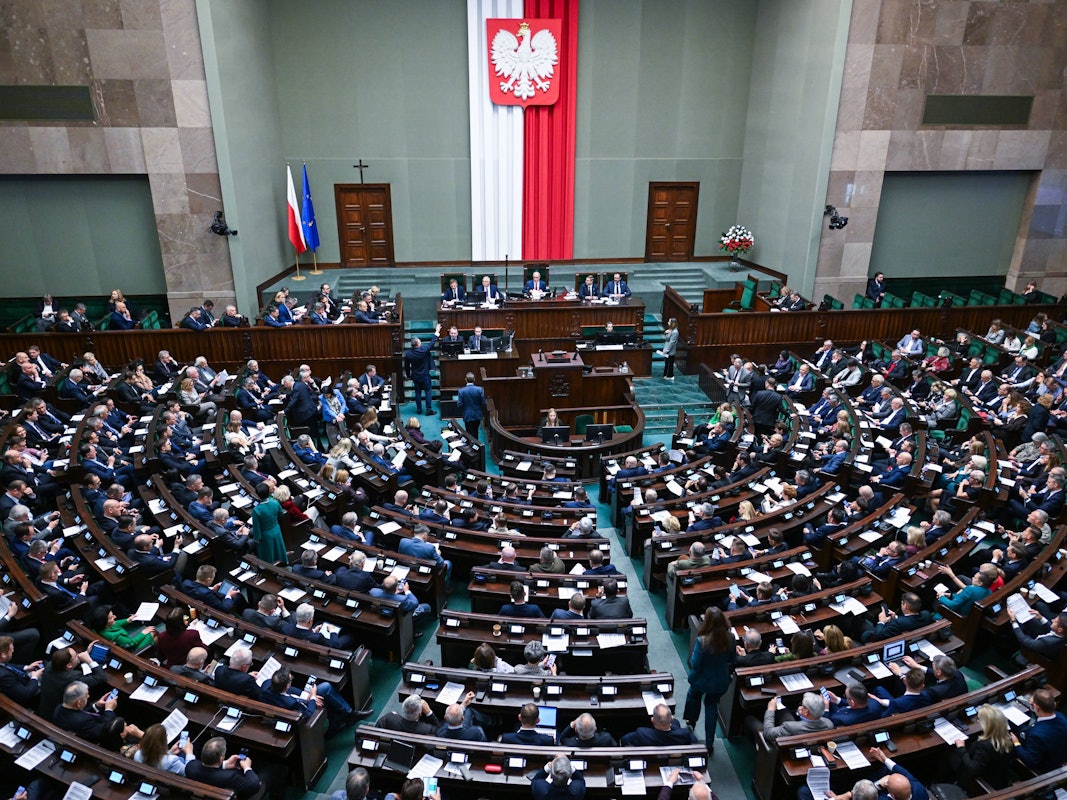 Blick auf das polnische Parlament, den sogenannten Sejm (hier Ende März 2025).