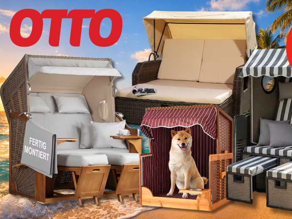 3 klassische Strandkörbe und ein Hundestrandkorb vor einem Strand.