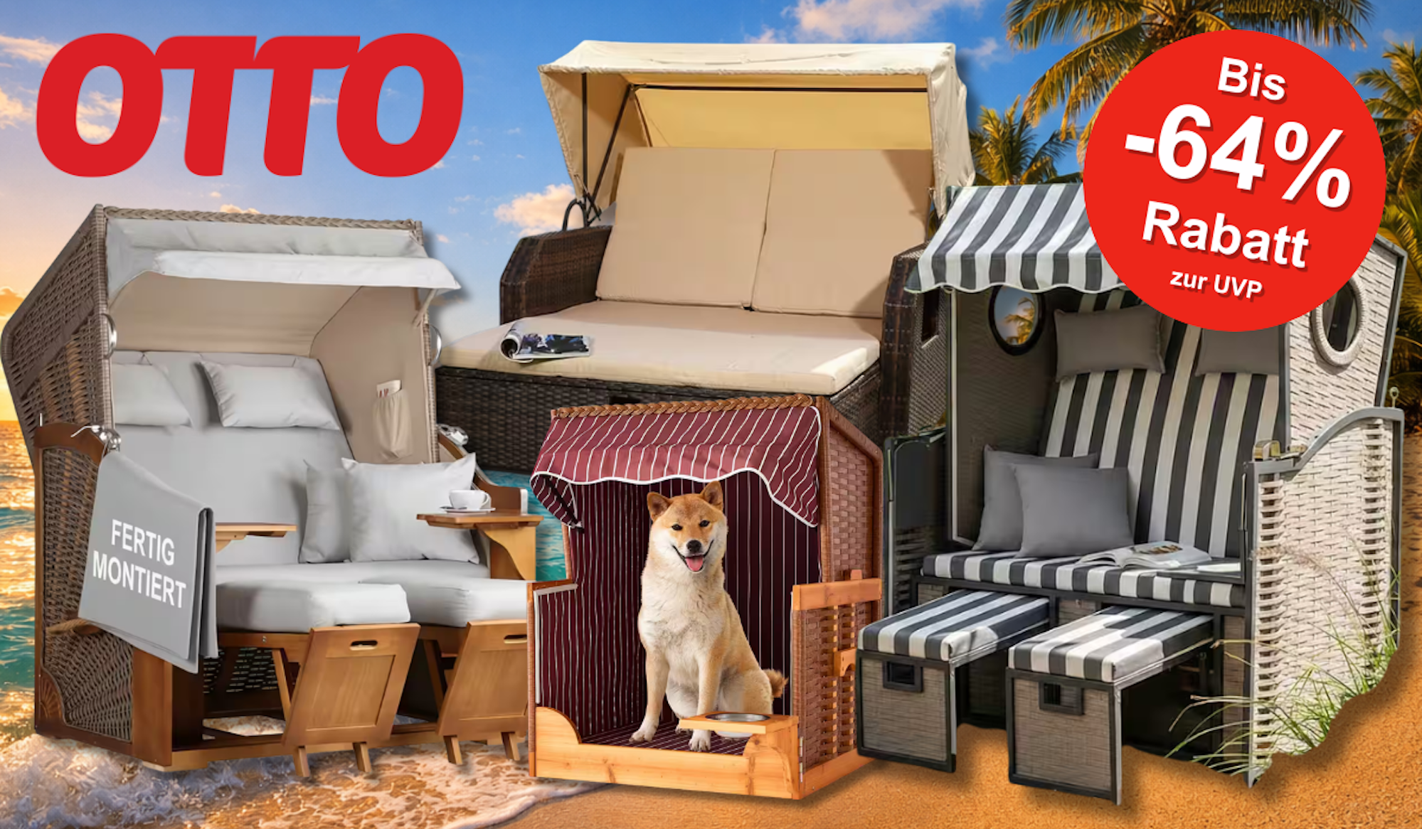 3 klassische Strandkörbe und ein Hundestrandkorb vor einem Strand.