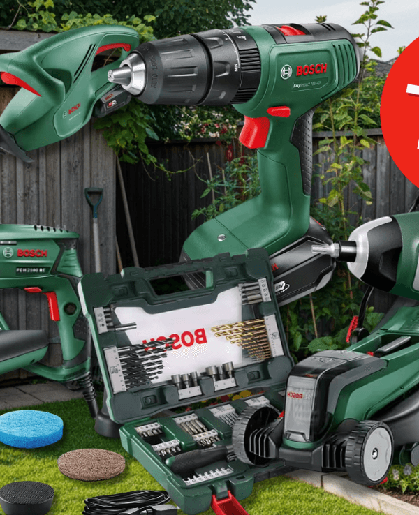 Verschiedene Bosch Home & Garden Produkte wie ein Rasenmäher, ein Bohrer, eine Bürst und mehr vor einem Garten Hintergrund.