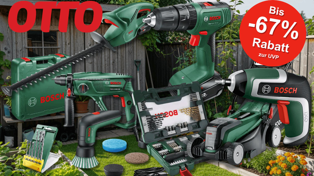 Verschiedene Bosch Home & Garden Produkte wie ein Rasenmäher, ein Bohrer, eine Bürst und mehr vor einem Garten Hintergrund.
