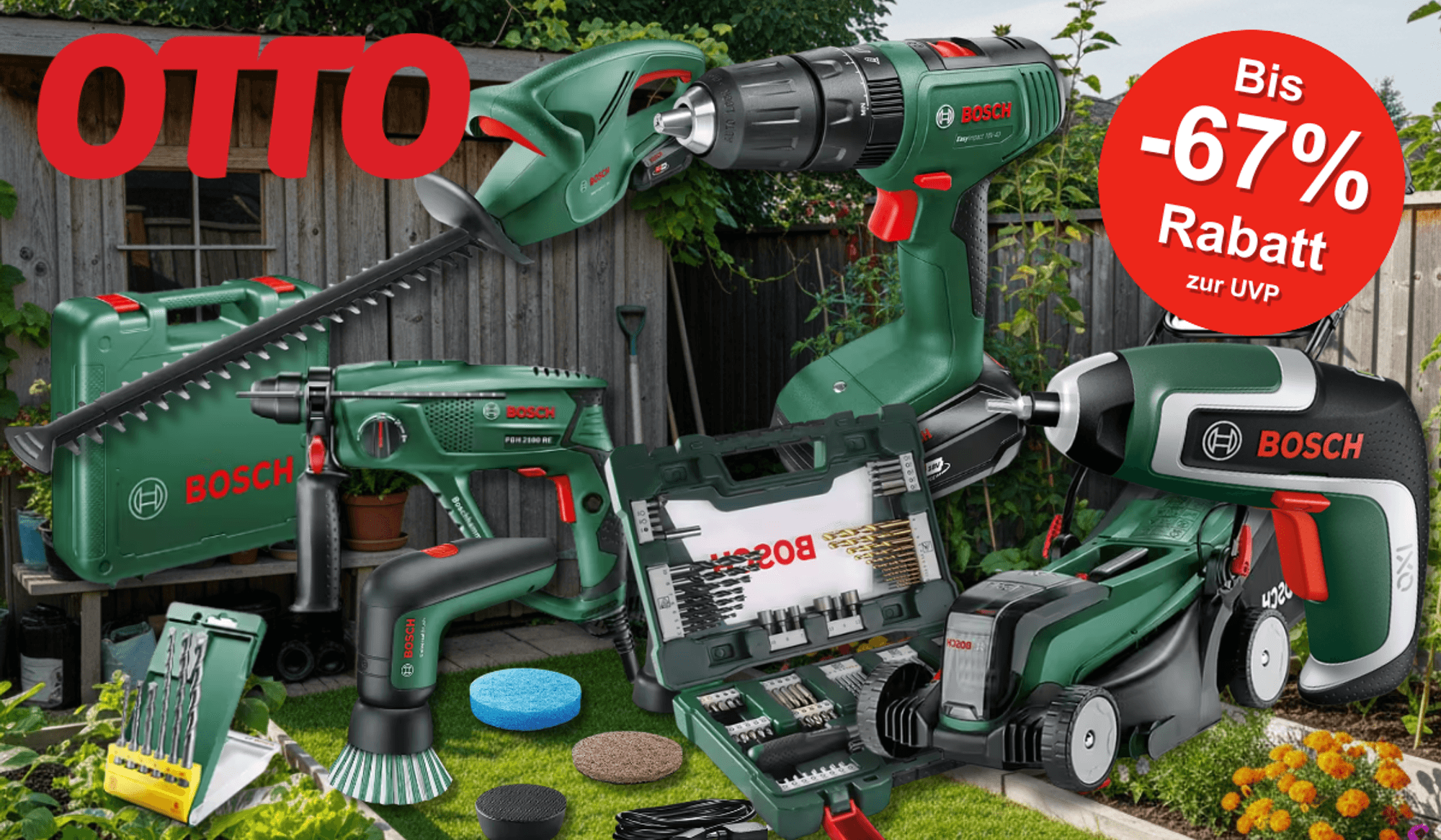 Verschiedene Bosch Home & Garden Produkte wie ein Rasenmäher, ein Bohrer, eine Bürst und mehr vor einem Garten Hintergrund.
