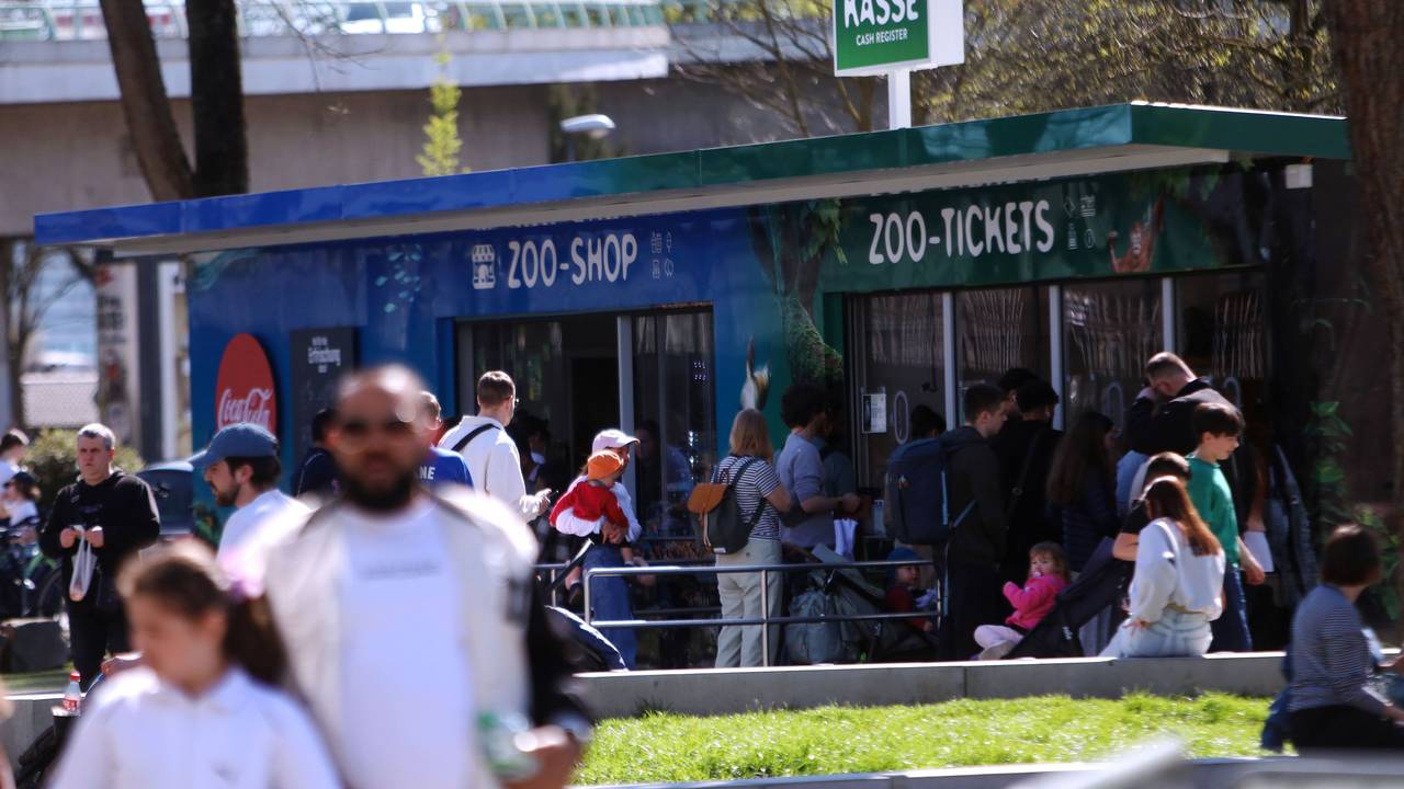 Menschen stehen an der Kasse des Kölner Zoos.