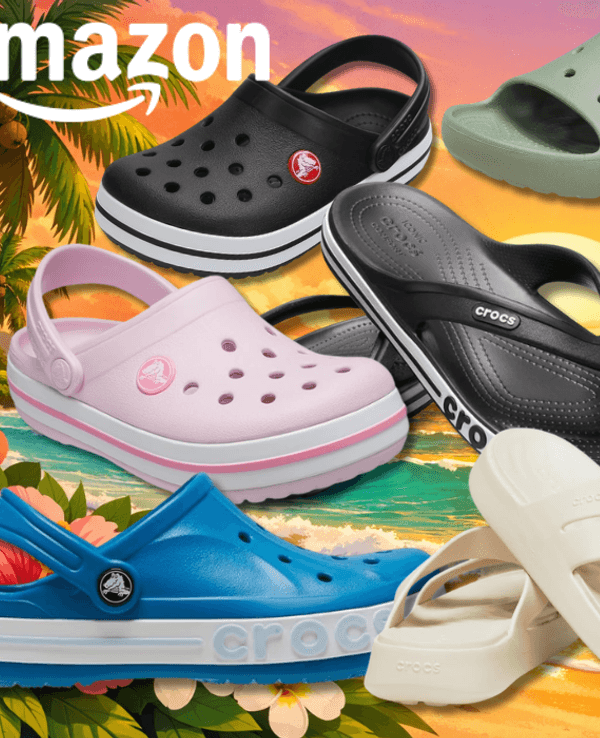 Darstellung verschiedener Crocs Modelle vor einem sommerlichen Hintergrund.