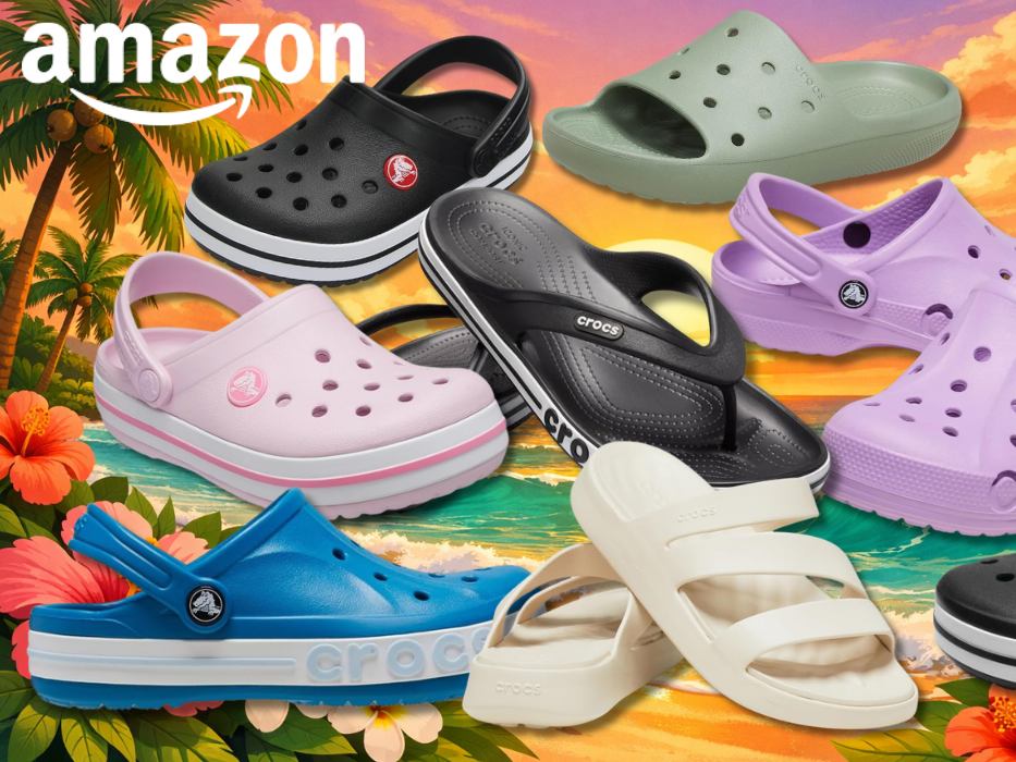 Darstellung verschiedener Crocs Modelle vor einem sommerlichen Hintergrund.