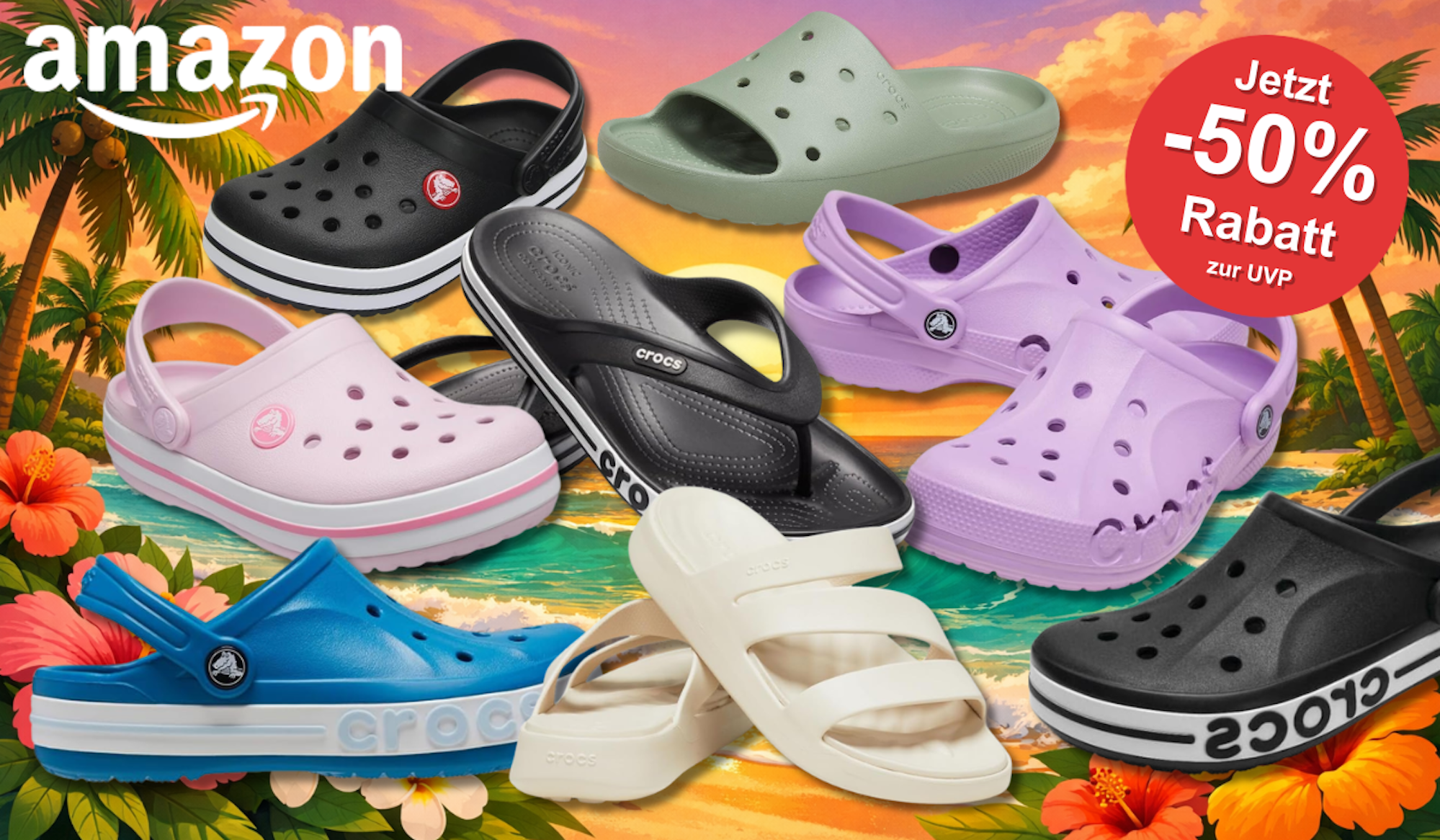Darstellung verschiedener Crocs Modelle vor einem sommerlichen Hintergrund.