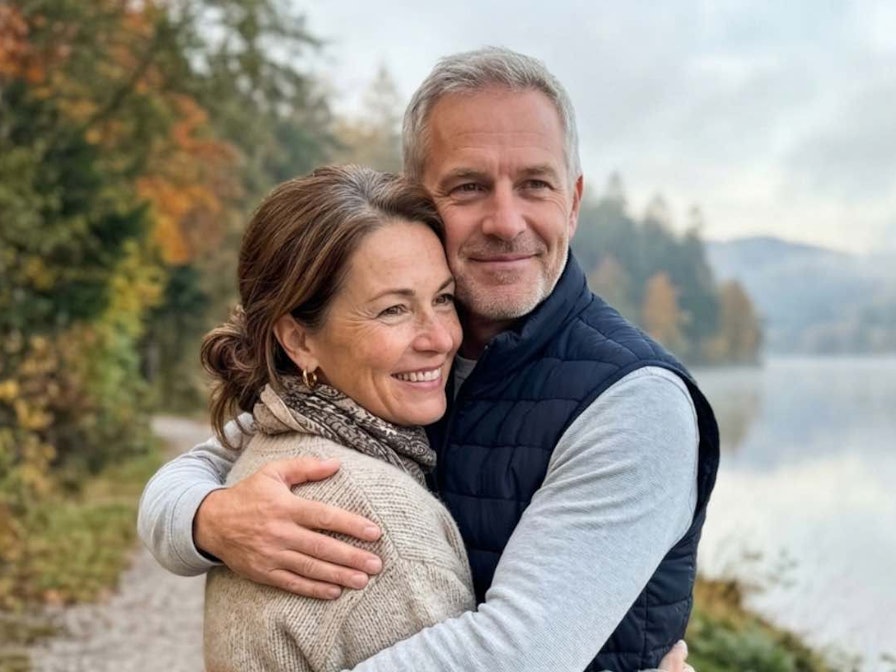 Ein Mann und eine Frau mittleren Alters halten sich in den Armen und blicken lächelnd auf einen See am Waldrand.