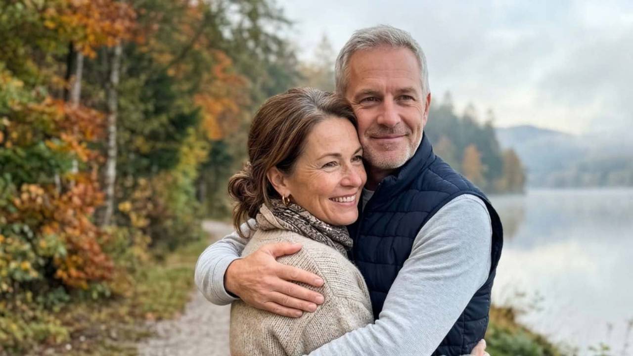 Ein Mann und eine Frau mittleren Alters halten sich in den Armen und blicken lächelnd auf einen See am Waldrand.