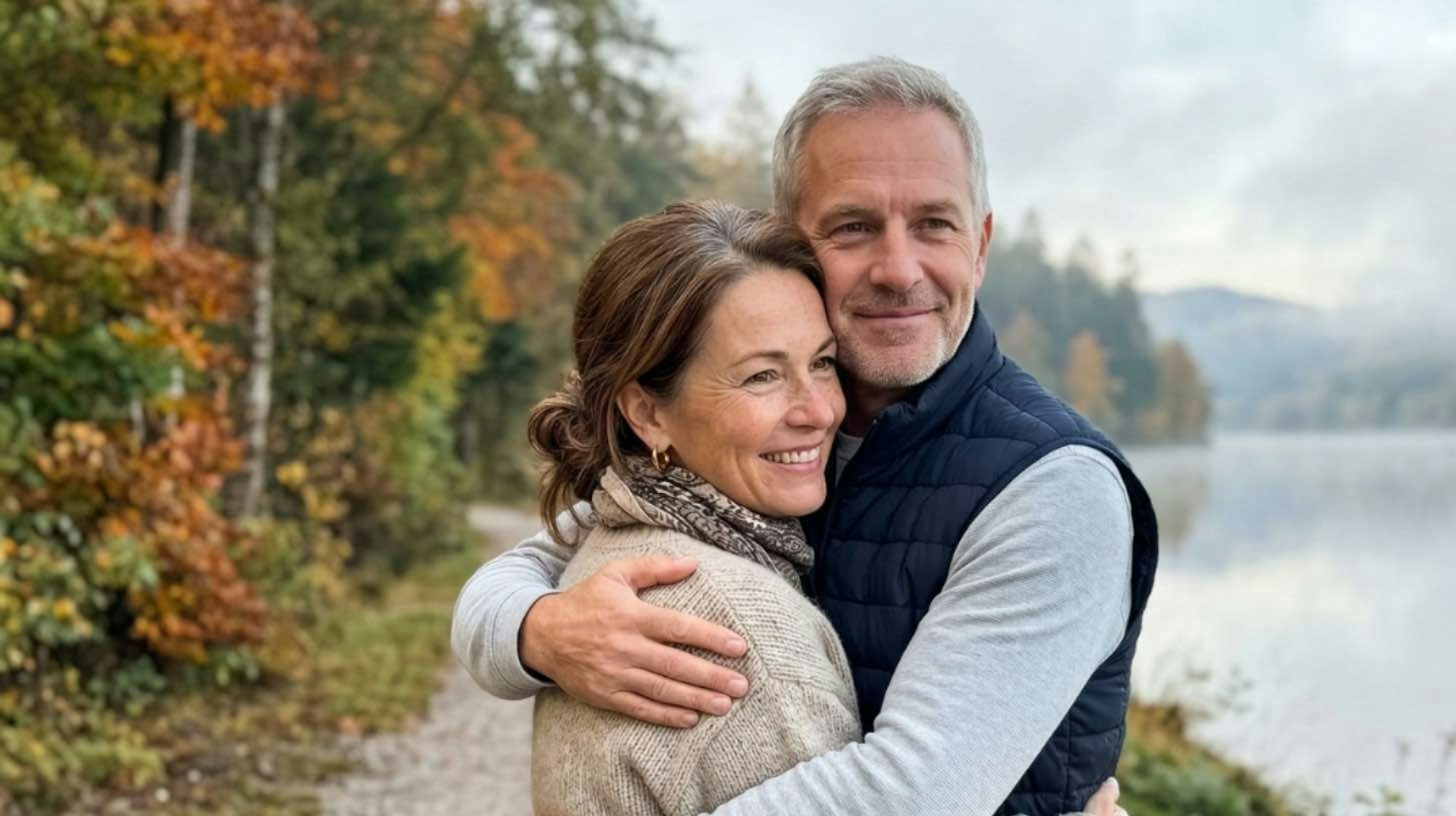 Ein Mann und eine Frau mittleren Alters halten sich in den Armen und blicken lächelnd auf einen See am Waldrand.