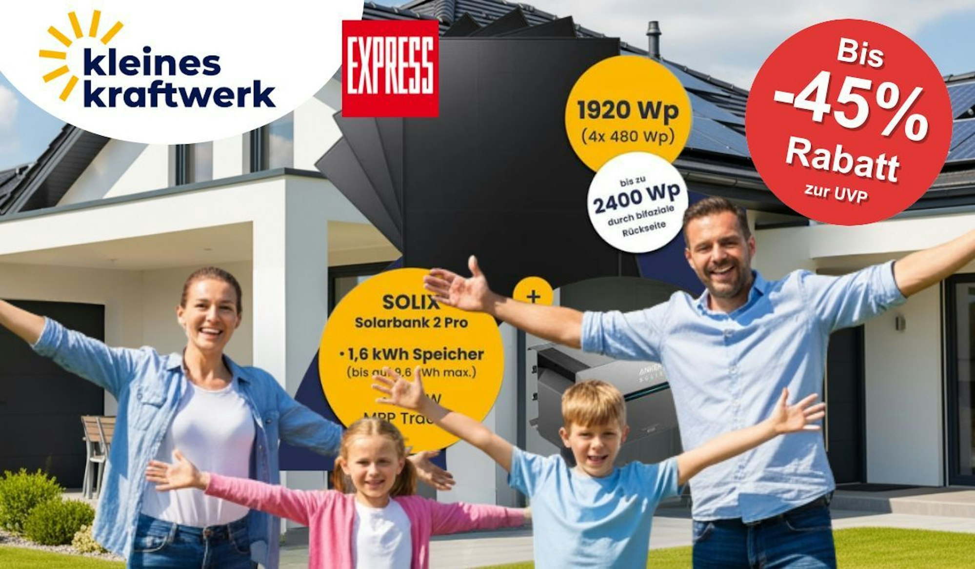 Der Kleines Kraftwerk Quattro Balkonkraftwerk mit 1920 Wp und Anker Solarbank 2 E1600 Pro. EXPRESS Deal vor einer Familie und Haus.