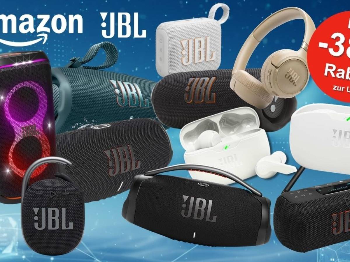 JBL Bluetooth Lautsprecher, Boxen, Bluetooth-Kopfhörer wie PartyBox 120, JBL Go 4, JBL Flip 7, JBL Tuner 3, JBL Charge 6, JBL Tune 680 NC oder die JBL Wave Buds 2 vor einem blauen Designhintergrund.
