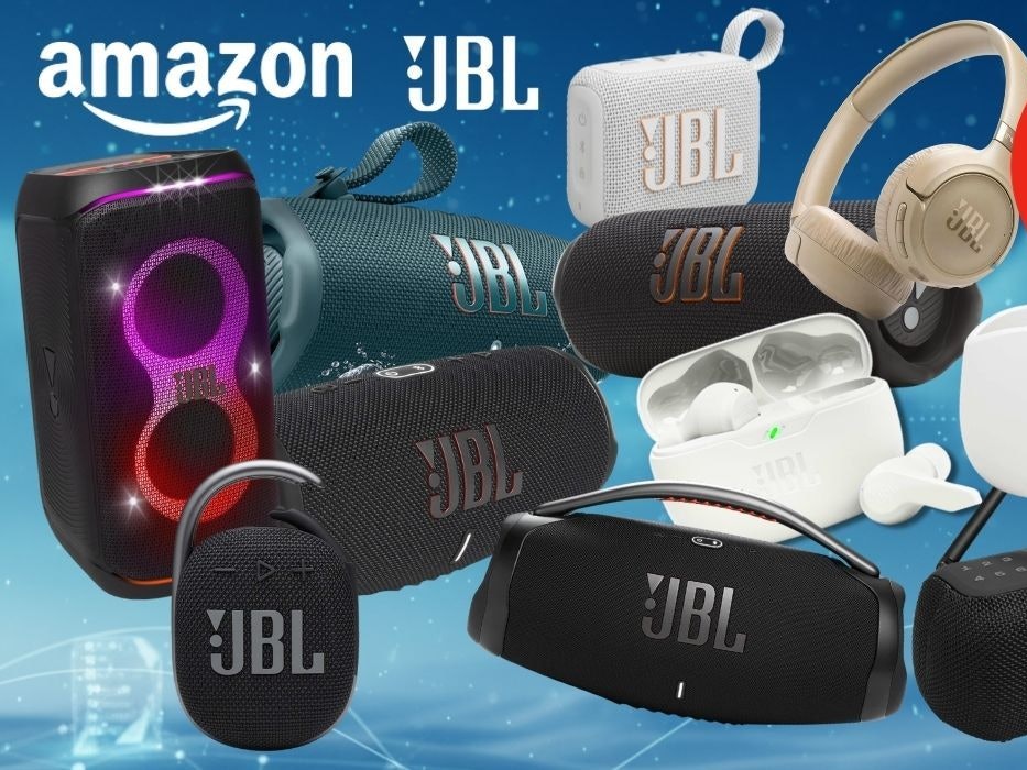 JBL Bluetooth Lautsprecher, Boxen, Bluetooth-Kopfhörer wie PartyBox 120, JBL Go 4, JBL Flip 7, JBL Tuner 3, JBL Charge 6, JBL Tune 680 NC oder die JBL Wave Buds 2 vor einem blauen Designhintergrund.