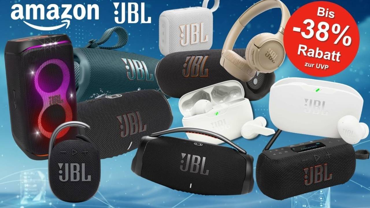 JBL Bluetooth Lautsprecher, Boxen, Bluetooth-Kopfhörer wie PartyBox 120, JBL Go 4, JBL Flip 7, JBL Tuner 3, JBL Charge 6, JBL Tune 680 NC oder die JBL Wave Buds 2 vor einem blauen Designhintergrund.