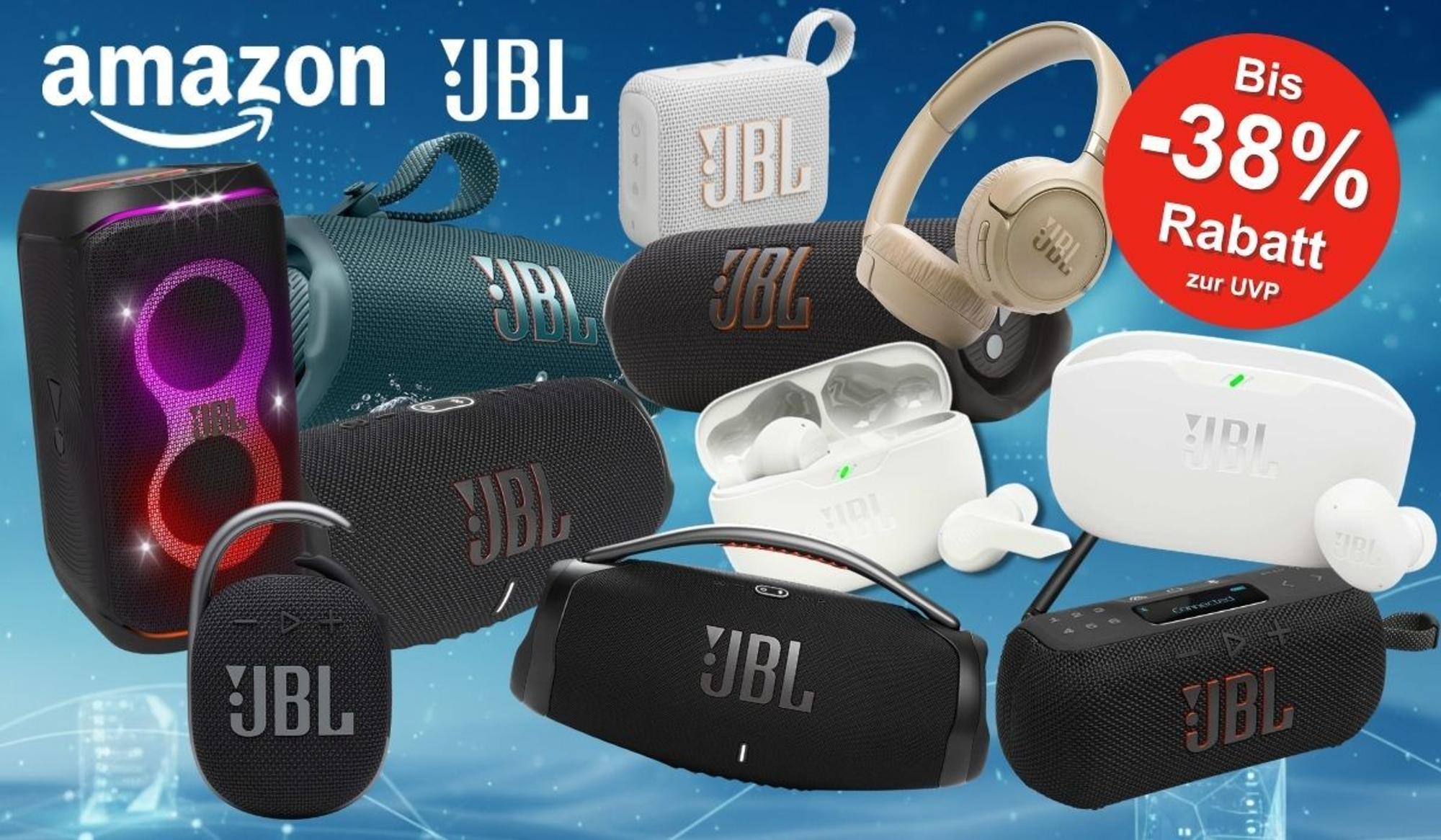 JBL Bluetooth Lautsprecher, Boxen, Bluetooth-Kopfhörer wie PartyBox 120, JBL Go 4, JBL Flip 7, JBL Tuner 3, JBL Charge 6, JBL Tune 680 NC oder die JBL Wave Buds 2 vor einem blauen Designhintergrund.