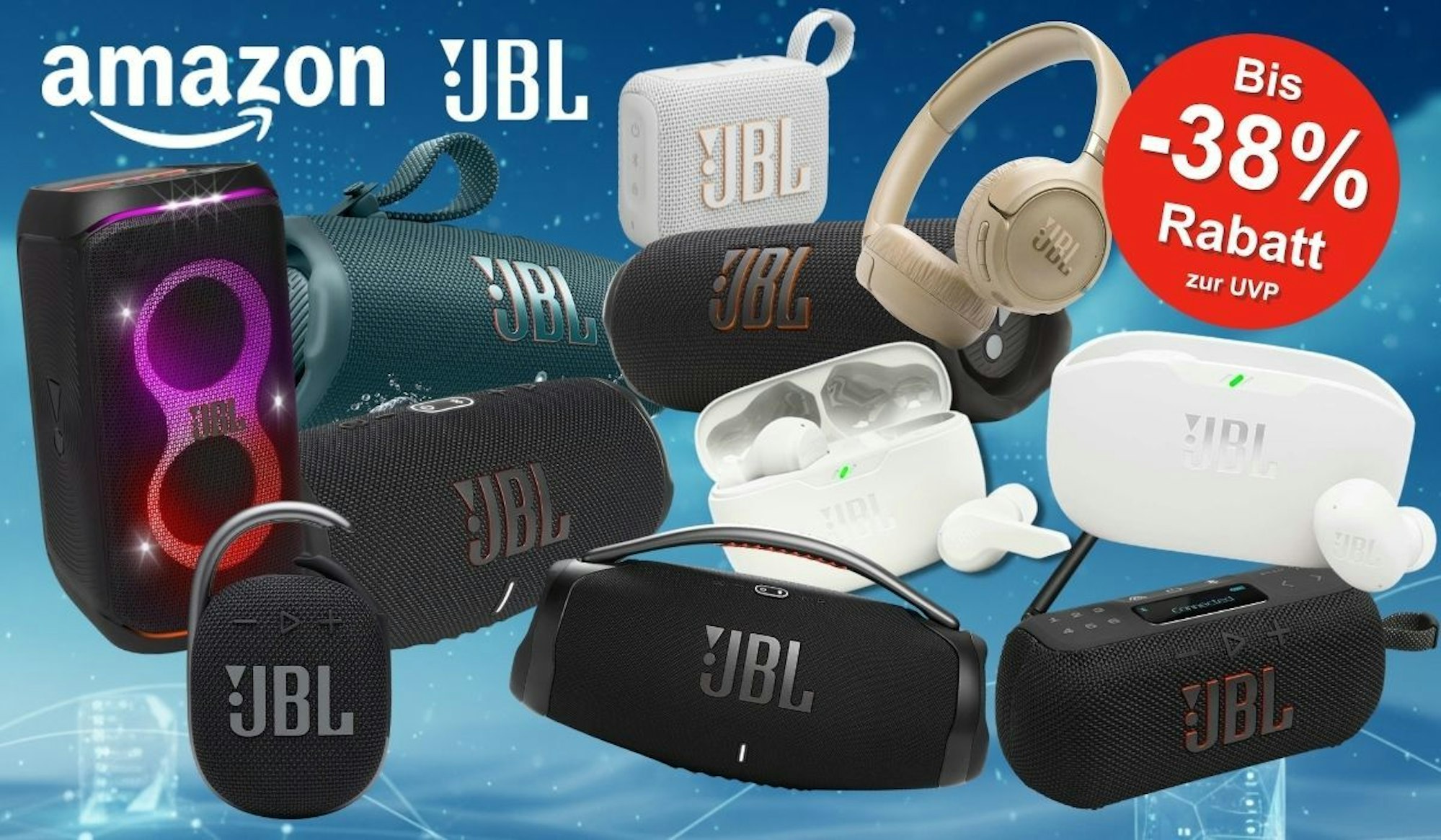 JBL Bluetooth Lautsprecher, Boxen, Bluetooth-Kopfhörer wie PartyBox 120, JBL Go 4, JBL Flip 7, JBL Tuner 3, JBL Charge 6, JBL Tune 680 NC oder die JBL Wave Buds 2 vor einem blauen Designhintergrund.