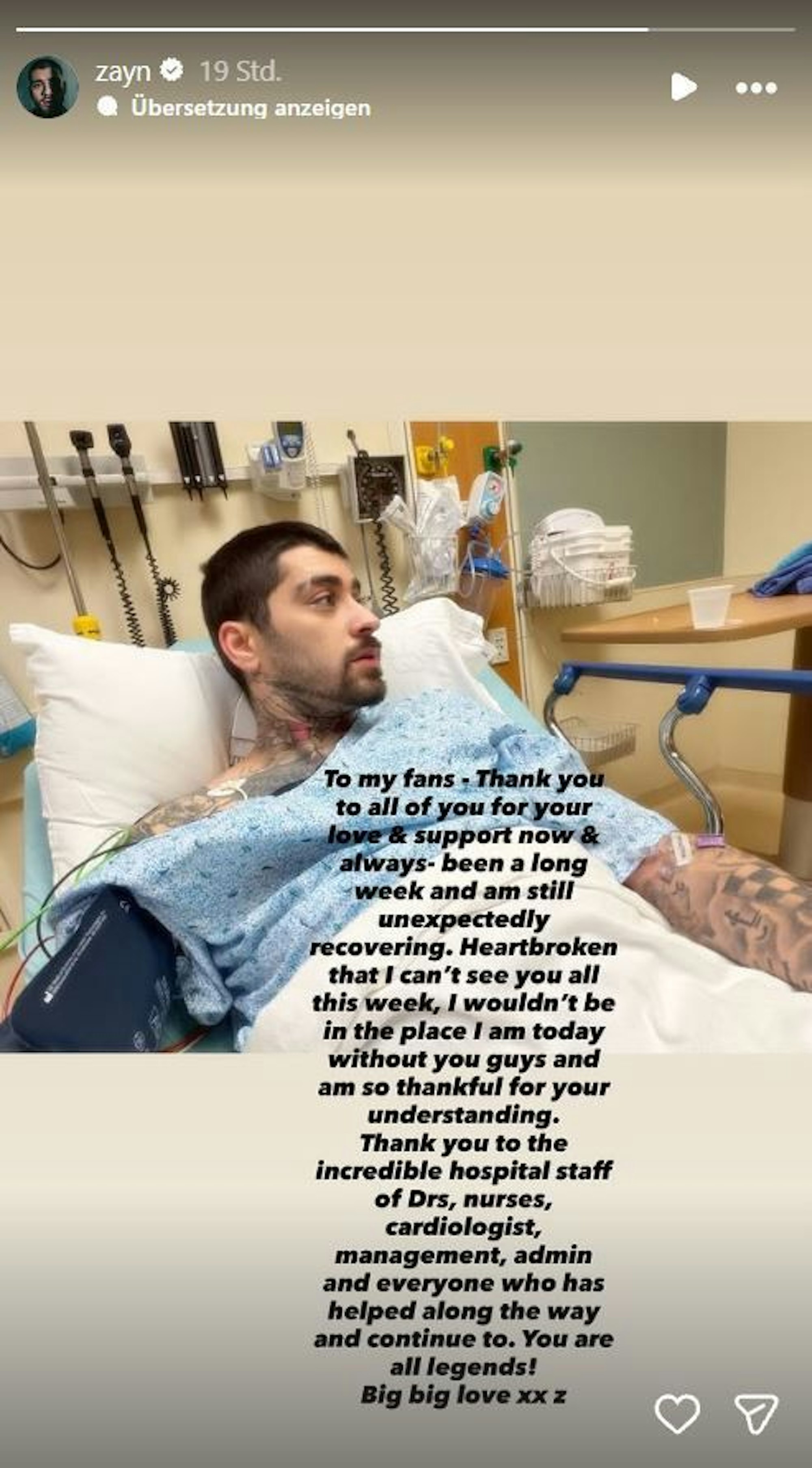Zayn Malik meldet sich aus dem Krankenhaus.
