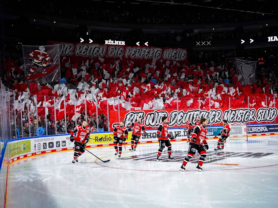 Die Fans der Kölner Haie mit einer Choreo vor dem DEL-Spiel.