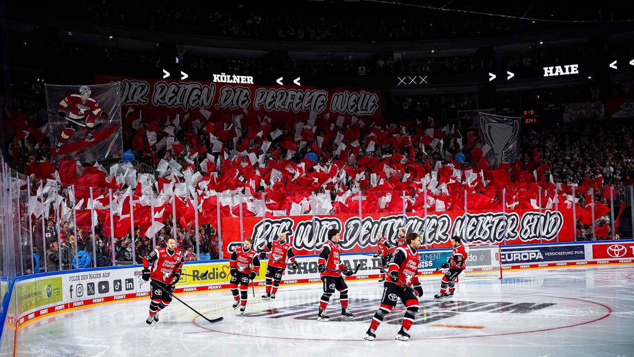 Die Fans der Kölner Haie mit einer Choreo vor dem DEL-Spiel.