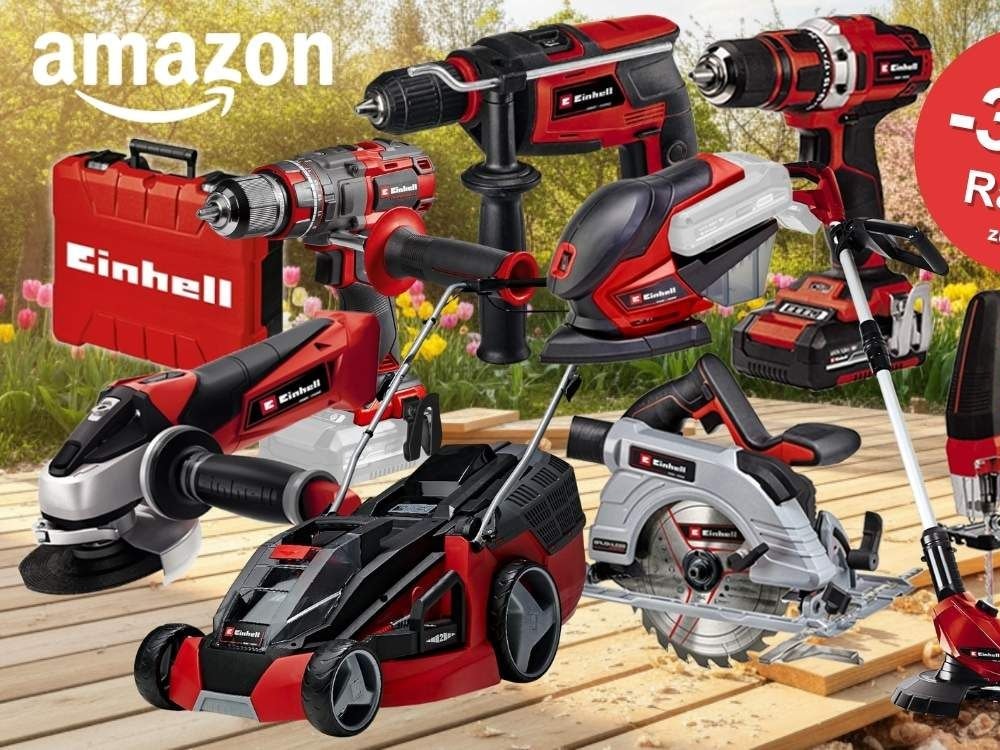 Collage verschiedener roter Einhell-Geräte – darunter Akkubohrschrauber, Winkelschleifer, Stichsäge, Kreissäge, Rasenmäher und Rasentrimmer – vor einem frühlingshaften Gartenhintergrund mit Tulpen und Holzdielen. Amazon-Logo und roter Sale-Button mit der Aufschrift „Bis -35% Rabatt zur UVP" sichtbar.