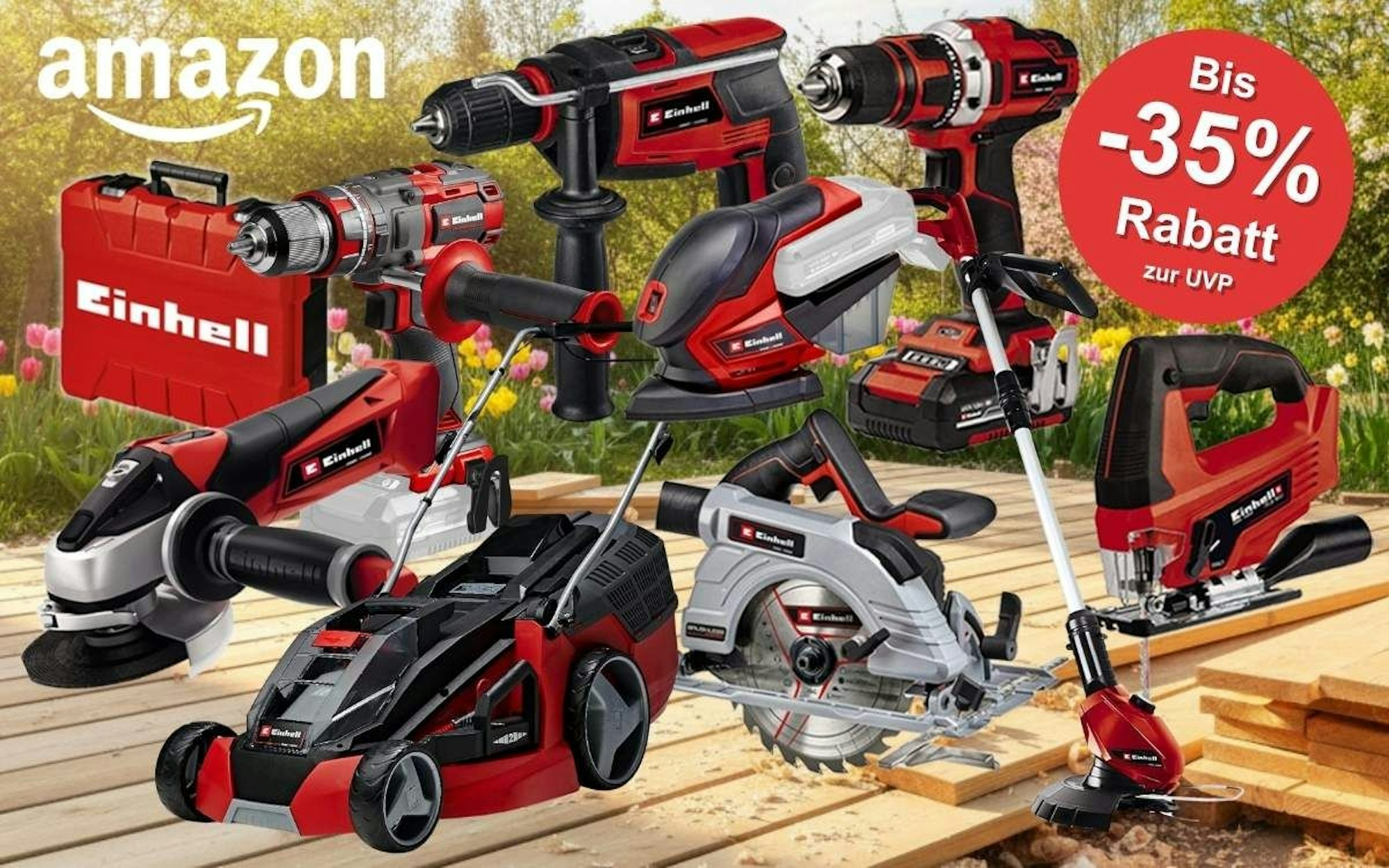 Collage verschiedener roter Einhell-Geräte – darunter Akkubohrschrauber, Winkelschleifer, Stichsäge, Kreissäge, Rasenmäher und Rasentrimmer – vor einem frühlingshaften Gartenhintergrund mit Tulpen und Holzdielen. Amazon-Logo und roter Sale-Button mit der Aufschrift „Bis -35% Rabatt zur UVP" sichtbar.
