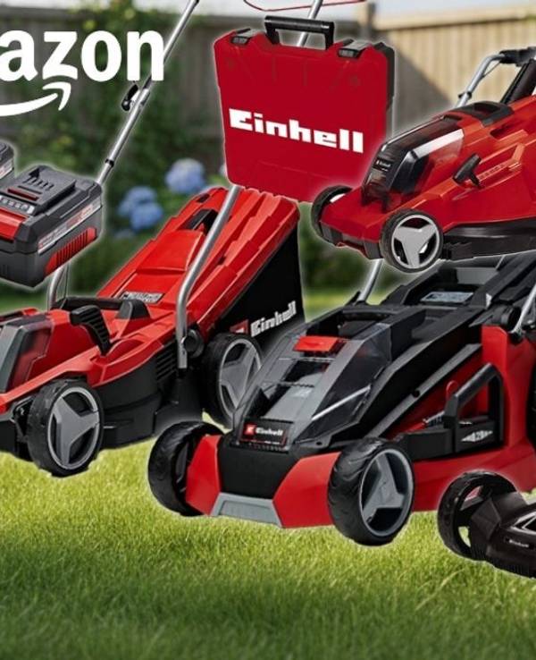 Collage mehrerer roter Einhell Akku-Rasenmäher verschiedener Modelle auf einem frisch gemähten grünen Rasen vor einem sommerlichen Gartenhintergrund. Links im Bild zwei Einhell Power X-Change Akkus mit Ladegerät. Amazon-Logo oben links, roter Sale-Button mit „Bis -30% Rabatt zur UVP" oben rechts.