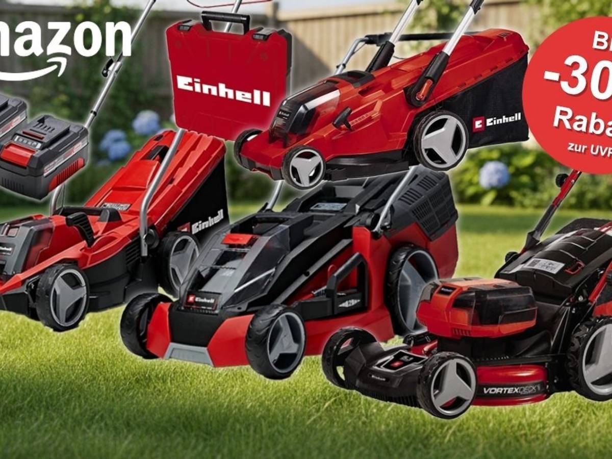 Collage mehrerer roter Einhell Akku-Rasenmäher verschiedener Modelle auf einem frisch gemähten grünen Rasen vor einem sommerlichen Gartenhintergrund. Links im Bild zwei Einhell Power X-Change Akkus mit Ladegerät. Amazon-Logo oben links, roter Sale-Button mit „Bis -30% Rabatt zur UVP" oben rechts.