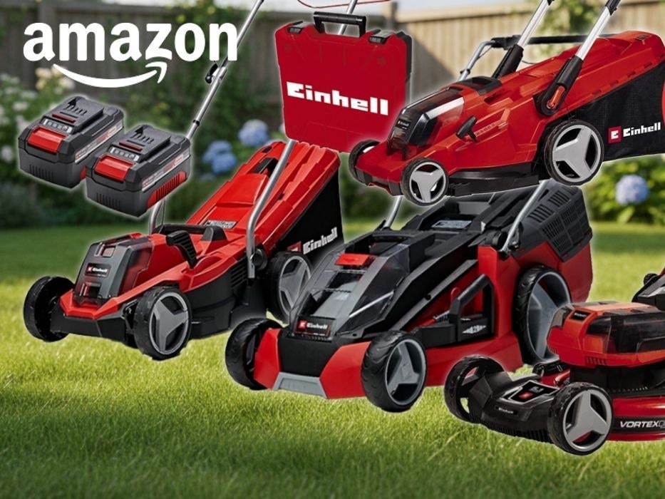 Collage mehrerer roter Einhell Akku-Rasenmäher verschiedener Modelle auf einem frisch gemähten grünen Rasen vor einem sommerlichen Gartenhintergrund. Links im Bild zwei Einhell Power X-Change Akkus mit Ladegerät. Amazon-Logo oben links, roter Sale-Button mit „Bis -30% Rabatt zur UVP" oben rechts.