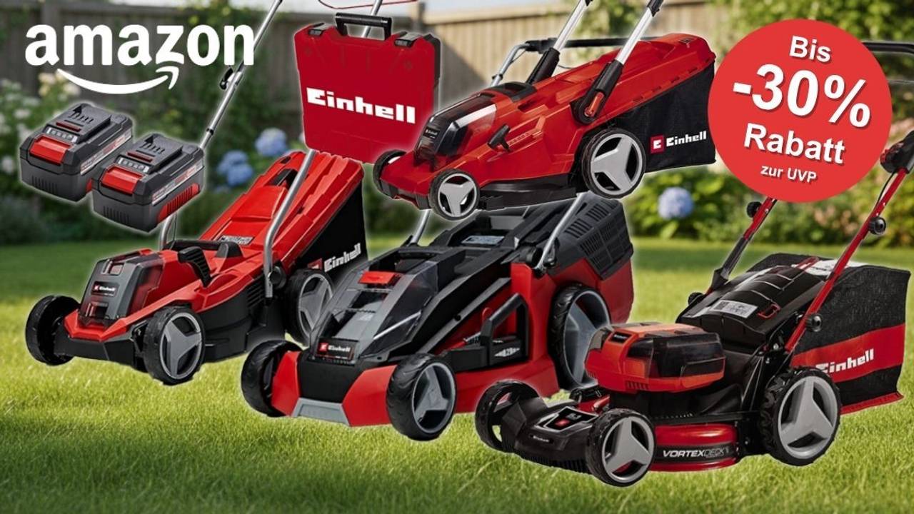 Collage mehrerer roter Einhell Akku-Rasenmäher verschiedener Modelle auf einem frisch gemähten grünen Rasen vor einem sommerlichen Gartenhintergrund. Links im Bild zwei Einhell Power X-Change Akkus mit Ladegerät. Amazon-Logo oben links, roter Sale-Button mit „Bis -30% Rabatt zur UVP" oben rechts.