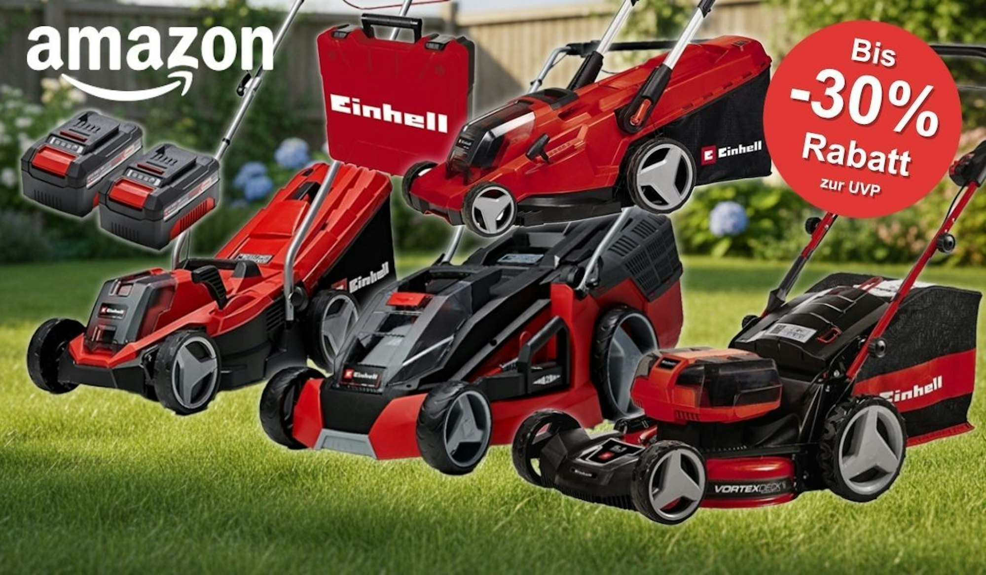 Collage mehrerer roter Einhell Akku-Rasenmäher verschiedener Modelle auf einem frisch gemähten grünen Rasen vor einem sommerlichen Gartenhintergrund. Links im Bild zwei Einhell Power X-Change Akkus mit Ladegerät. Amazon-Logo oben links, roter Sale-Button mit „Bis -30% Rabatt zur UVP" oben rechts.