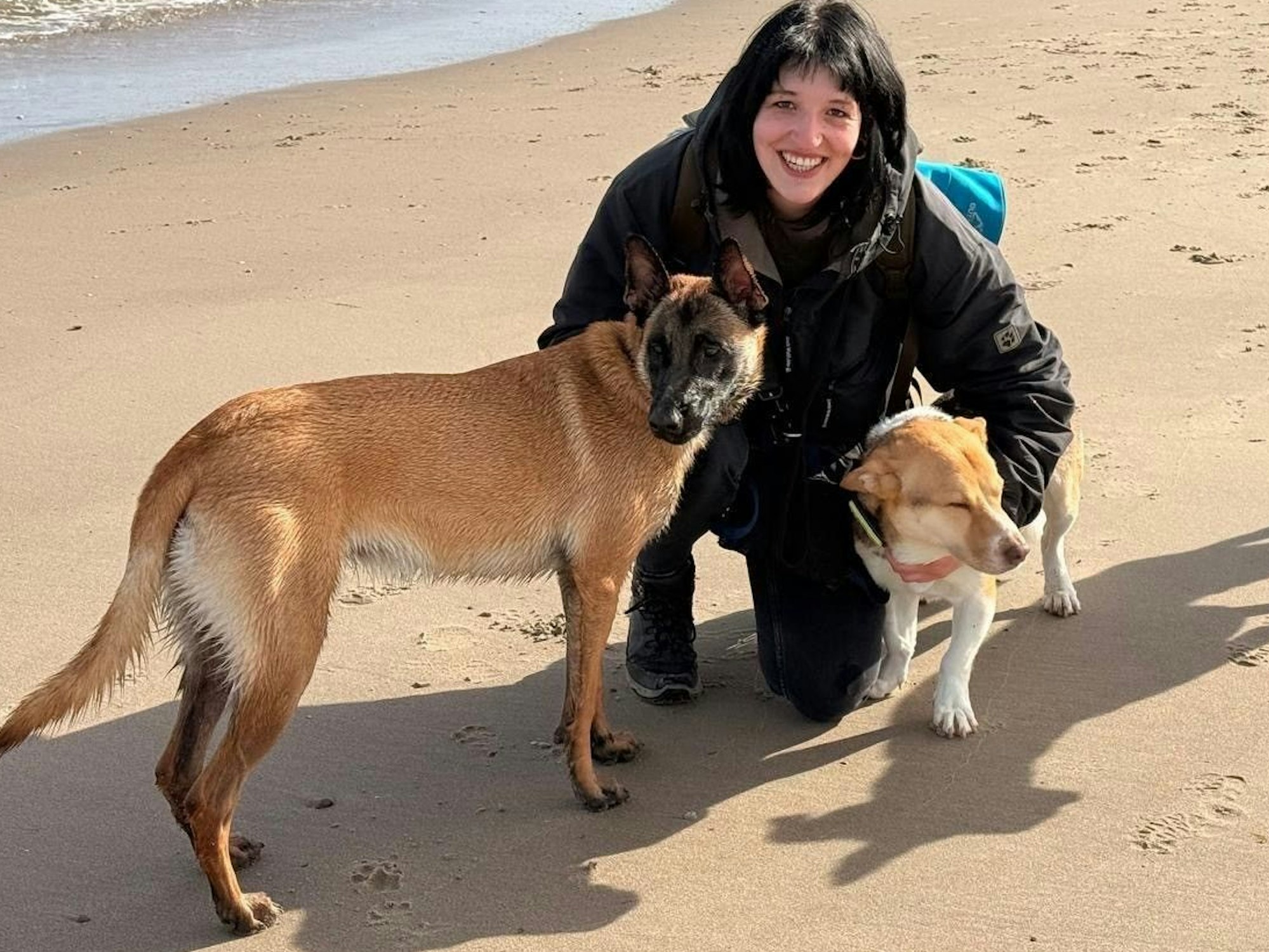 Eine junge Frau ist mit ihren beiden Hunden am Meer.