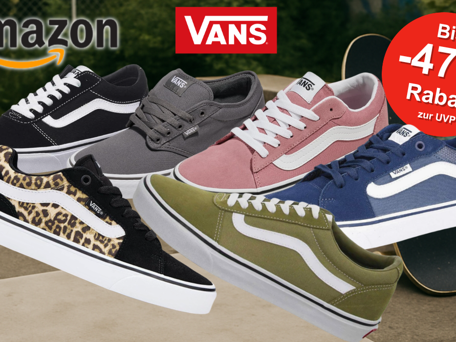 Vans Filmore und Doheny Sneaker vor Hintergrund mit Silhouette eines Skateboarders und Amazon Logo.