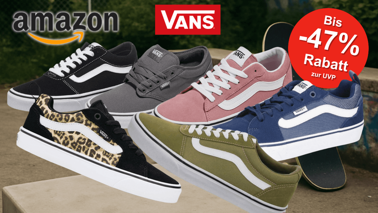 Vans Filmore und Doheny Sneaker vor Hintergrund mit Silhouette eines Skateboarders und Amazon Logo.