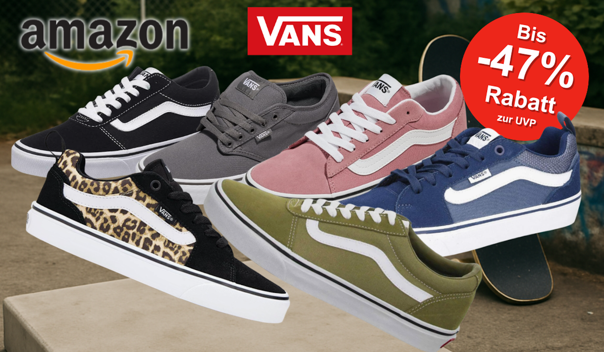 Vans Filmore und Doheny Sneaker vor Hintergrund mit Silhouette eines Skateboarders und Amazon Logo.