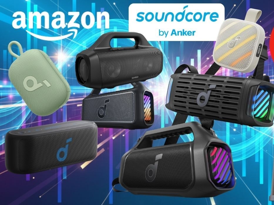 Mehrere Soundcore Bluetooth-Lautsprecher von Anker in verschiedenen Größen und Modellen vor einem dynamischen Hintergrund, daneben das Amazon-Logo und ein roter Rabatt-Button mit der Aufschrift „Bis -47% Rabatt zur UVP"
