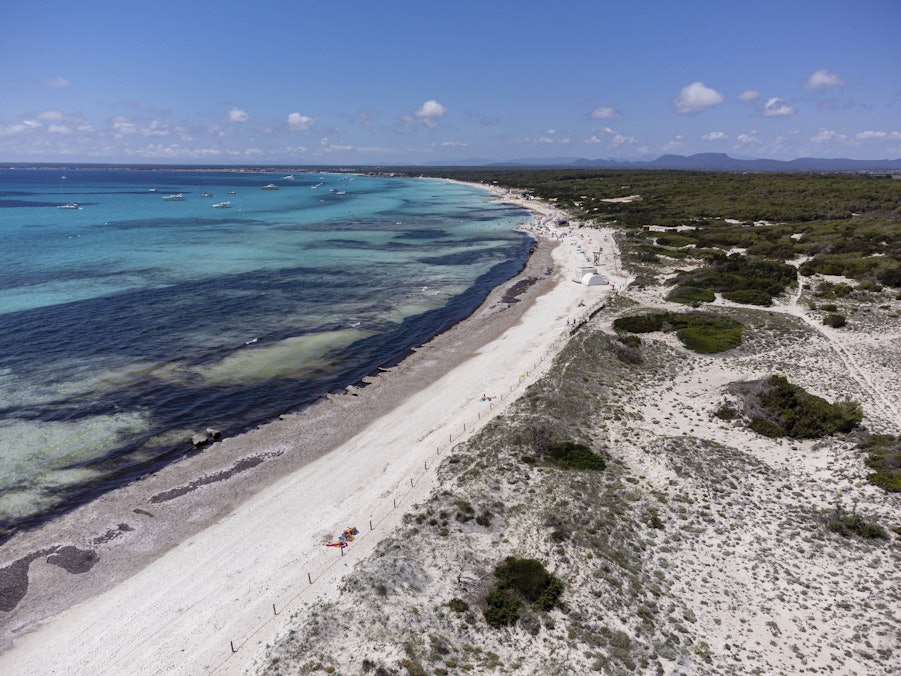 Küstenlandschaft mit Sandstrand, Meer, Booten und Vegetation