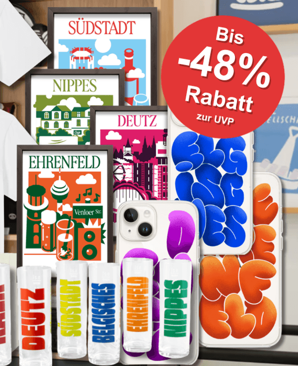 Eine Darstellung von verschiedenen Produkten aus der KoelnistKool Veedel Kollektion.