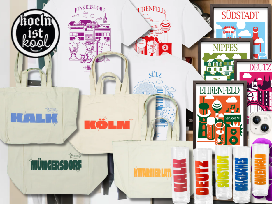 Eine Darstellung von verschiedenen Produkten aus der KoelnistKool Veedel Kollektion.