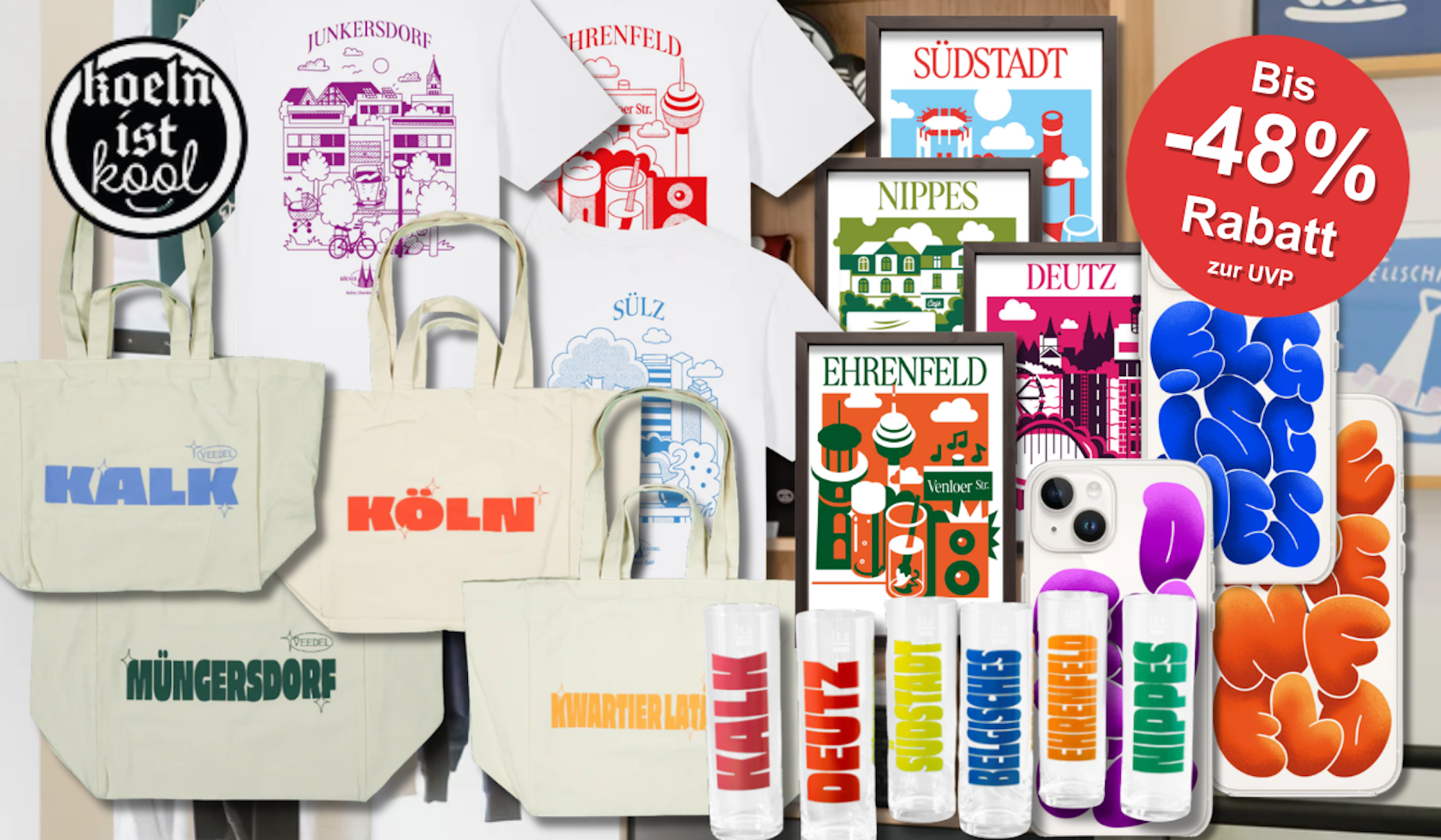 Eine Darstellung von verschiedenen Produkten aus der KoelnistKool Veedel Kollektion.