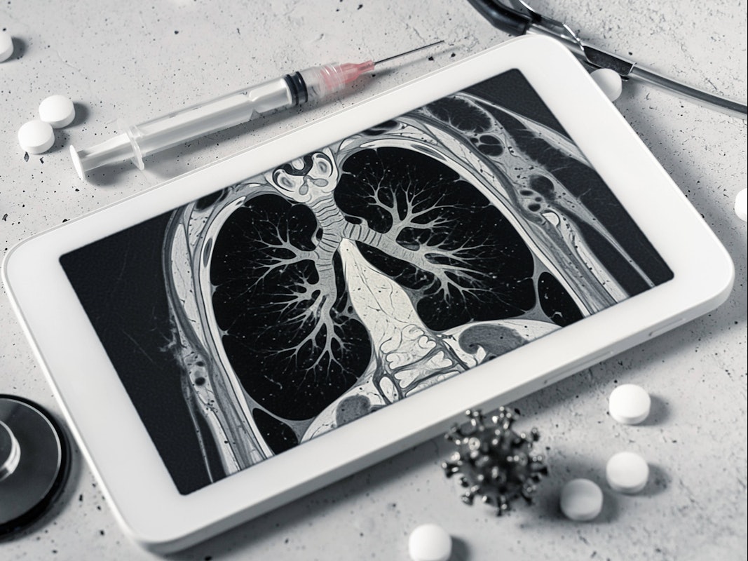 Ein MRT-Bild zeigt eine anatomisch normale Lunge auf einem Tablet